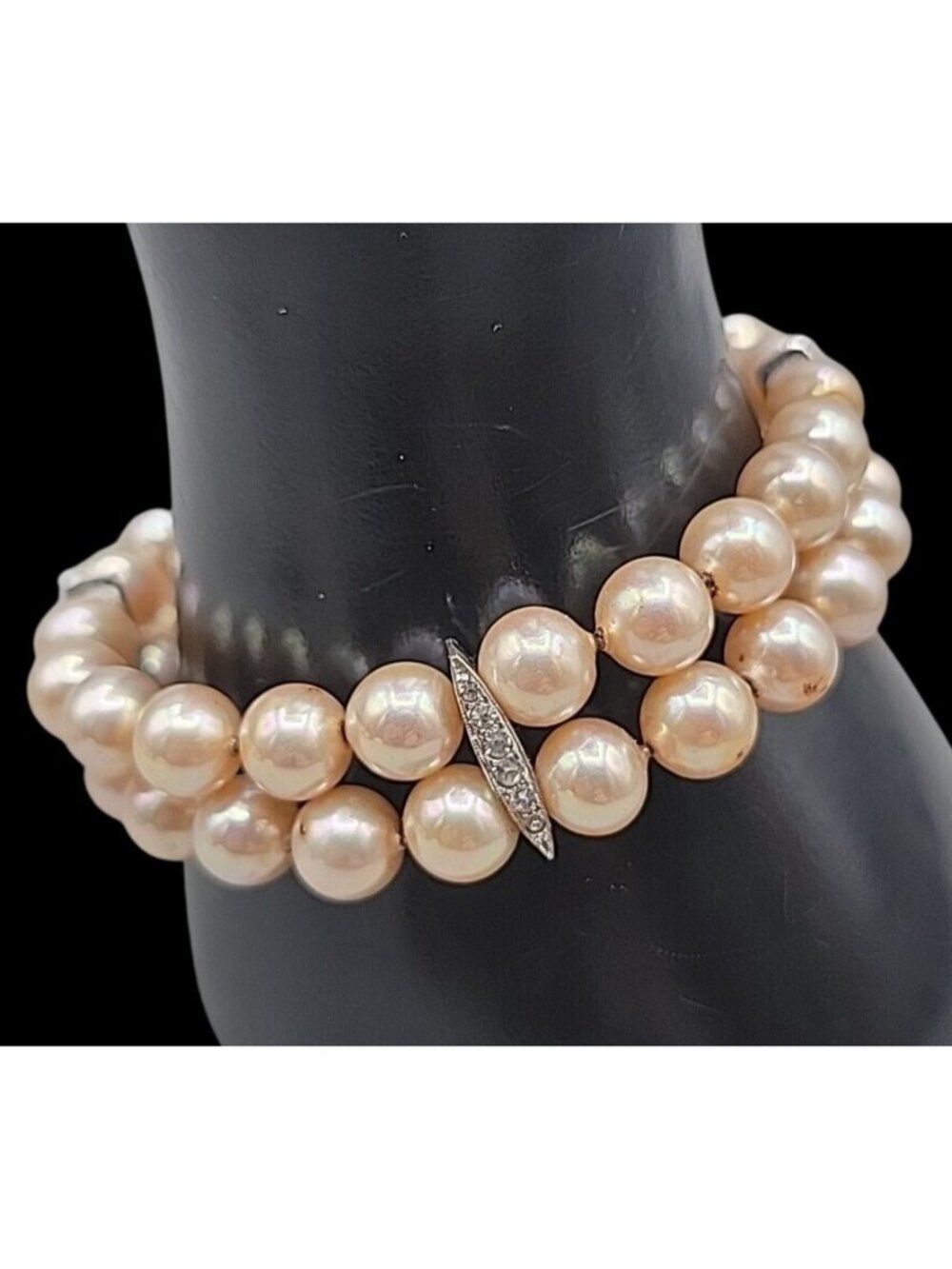 Vintage Panetta Double Strand Champagne Faux Pearl Bracelet Rhinestone Clasp - Picture 3 of 16